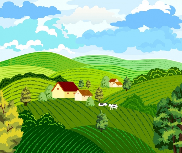 农业背景丘陵景观设计彩色卡通