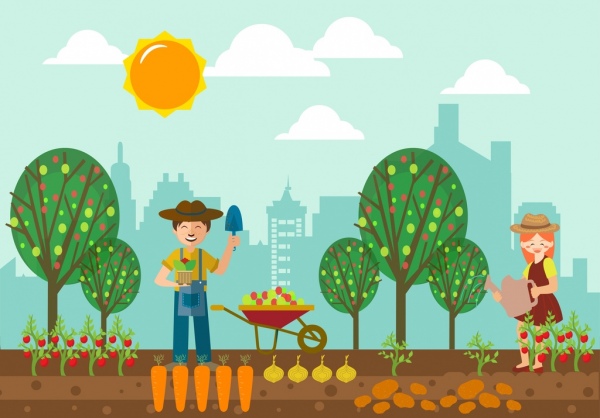 Сельское хозяйство фон человека иконы цветной мультфильм дизайн