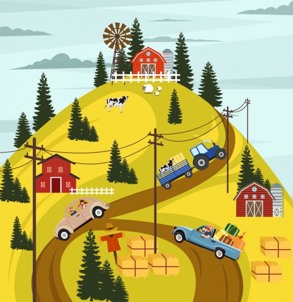 landwirtschaftlichen Hintergrund Berg Straße Autos Rinder Symbole