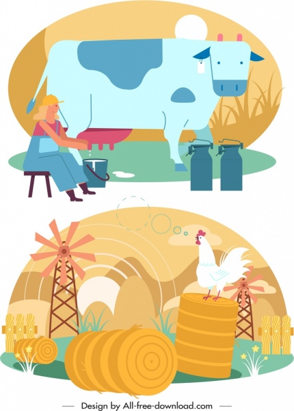 Icone di pollame di allevamento sfondo modelli lavoro lattiero-caseari
