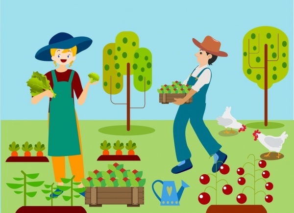 agricultura fundo mulher homem vegetal ícones coloridos de desenho