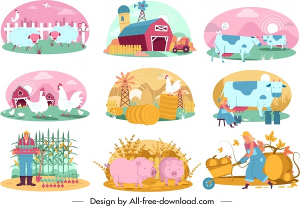 Сельское хозяйство элементы дизайна цветной мультфильм дизайн
