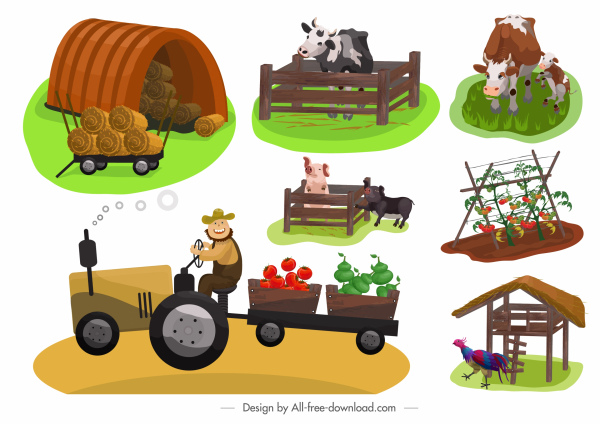 Landwirtschaft Design-Elemente farbig Cartoon Skizze