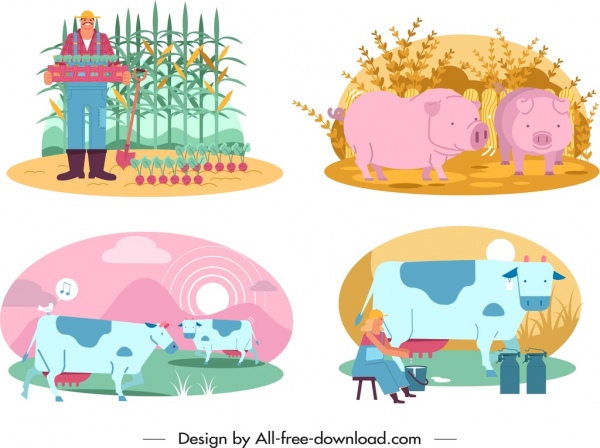 allevamento elementi di design contadino bestiame icone cartoon design