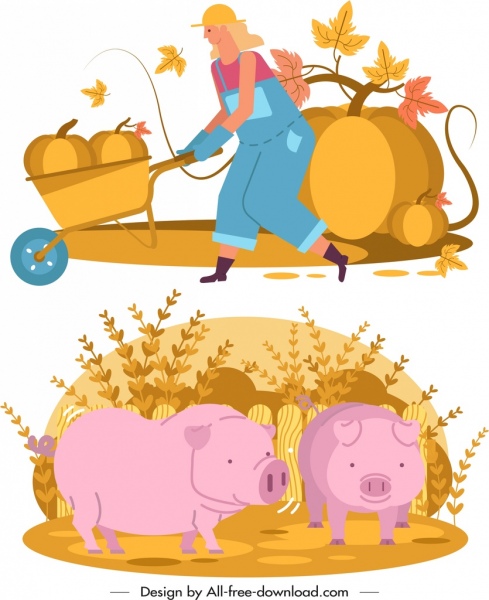Сельское хозяйство дизайн элементы фермер тыквы свиней значки