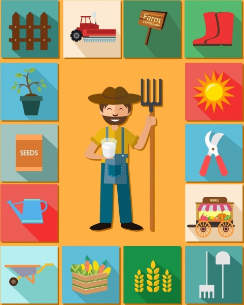 elementos de diseño agrícola herramientas para agricultores iconos de productos aislamiento