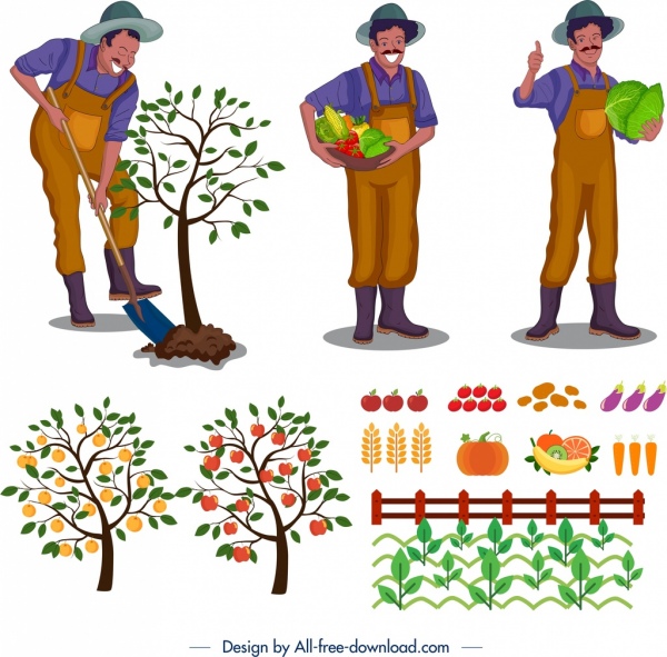elementos de design agrícola farmer árvore vegetais ícones