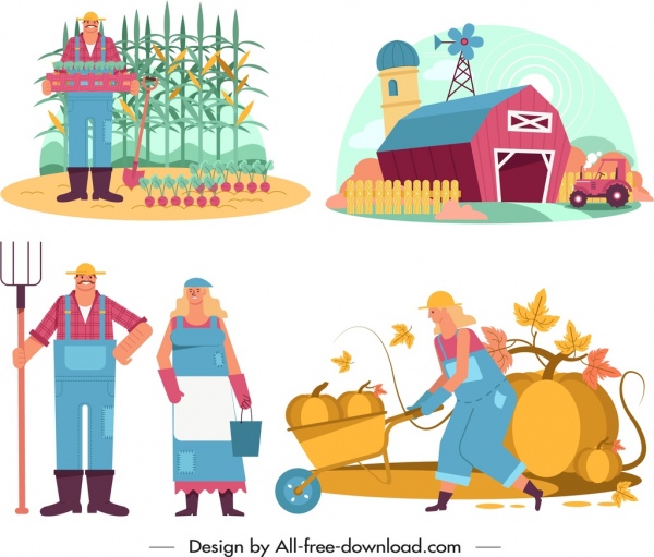 elementos de diseño agrícola agricultores trabaja iconos