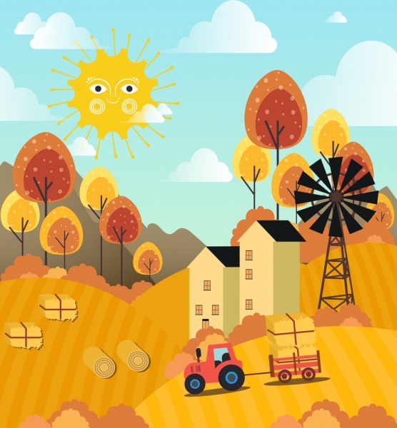 décor stylisé dessin jaune soleil hill agriculture icônes