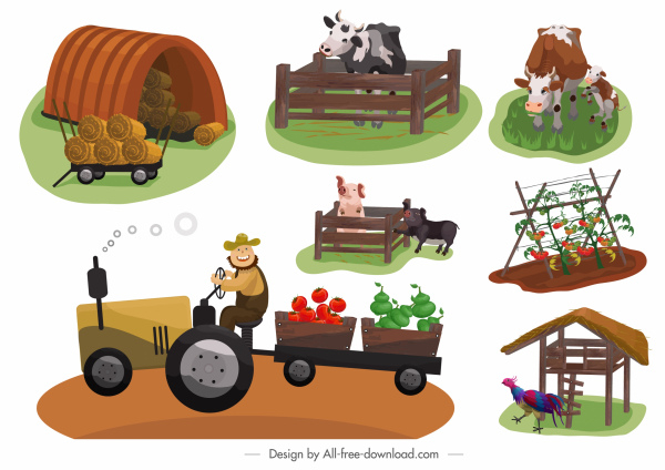 Landbau Symbole farbige Cartoon Skizze