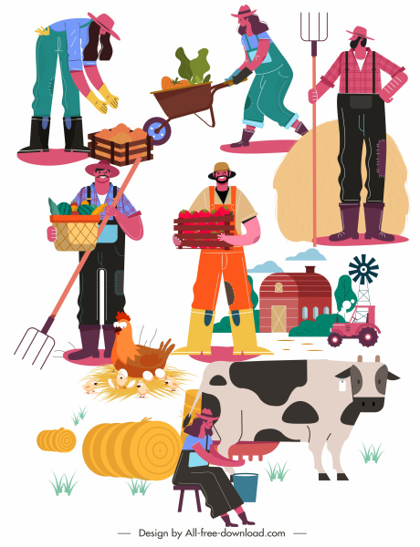 ícones agrícolas desenho animado colorido