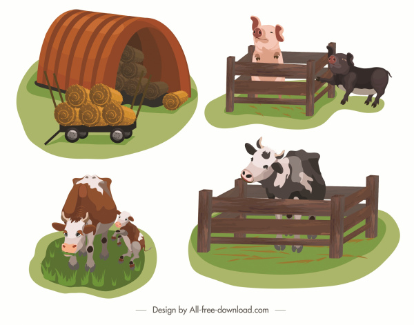 Los iconos de agricultura vaca diseño de dibujos animados de cerdo paja sketch