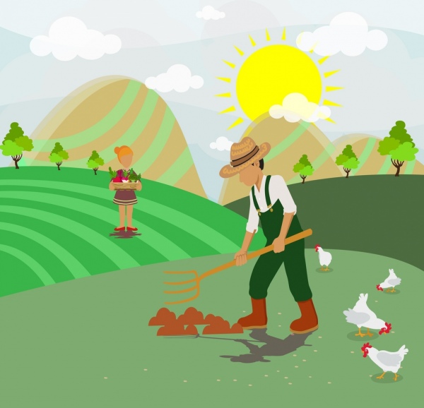 農業工作主題豐富多彩的人類和雞的圖標