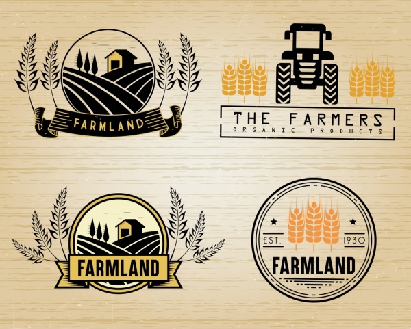 agricoltura logotipi retro design campo d'orzo macchina icone