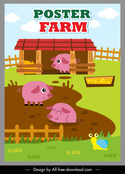 Farming Poster Joyful Pigs Sketch Cute Cartoon Design