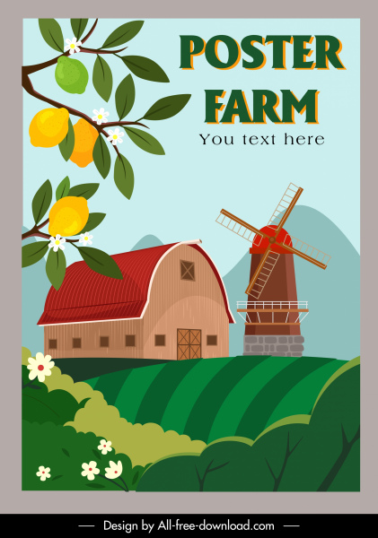 poster pertanian kincir angin gudang lemon pohon lapangan sketsa