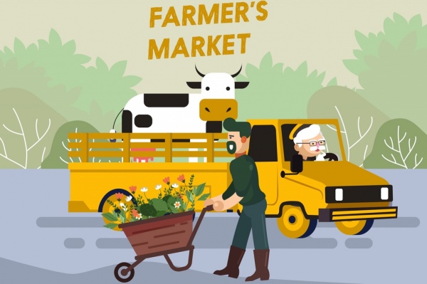 Publicité de produit agricole agriculteurs camion bétail fleur icônes