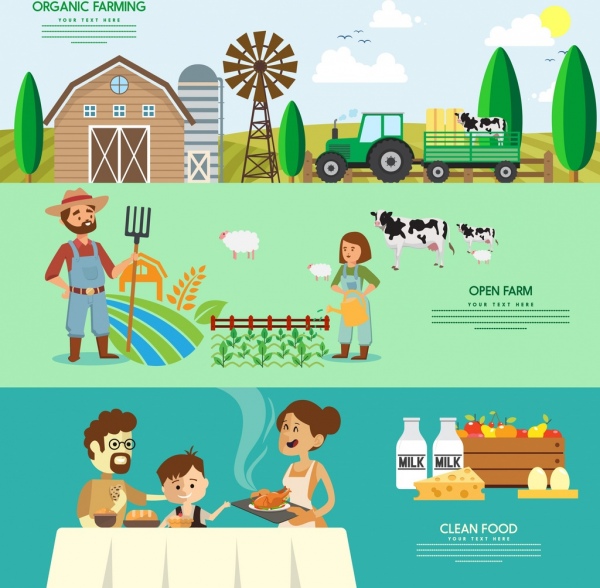 landwirtschaftliche Produkte banner bunten Cartoon-design