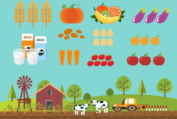 Pertanian produk ikon kartun berwarna-warni sketsa