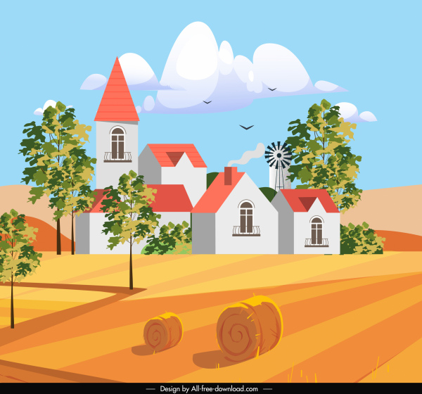escena de la agricultura pintura casas de colores bosquejo de campo