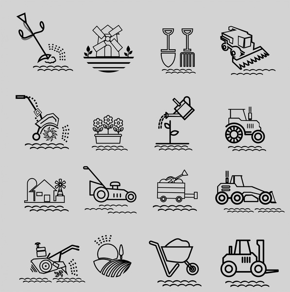сельскохозяйственные инструменты иконы иллюстрации в черно-белом