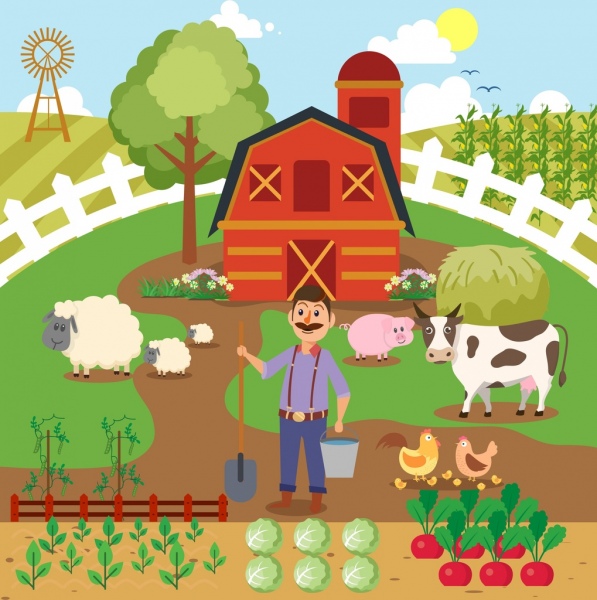 農業作業背景農家牛アイコン漫画のデザイン