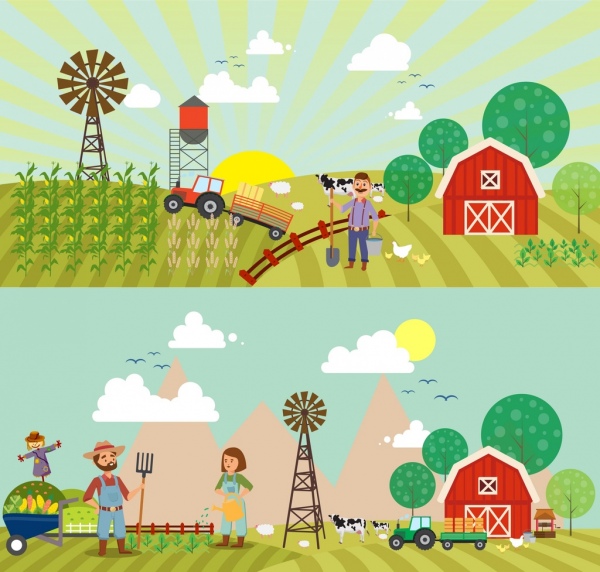 Сельское хозяйство работы фон задает цветной мультфильм дизайн