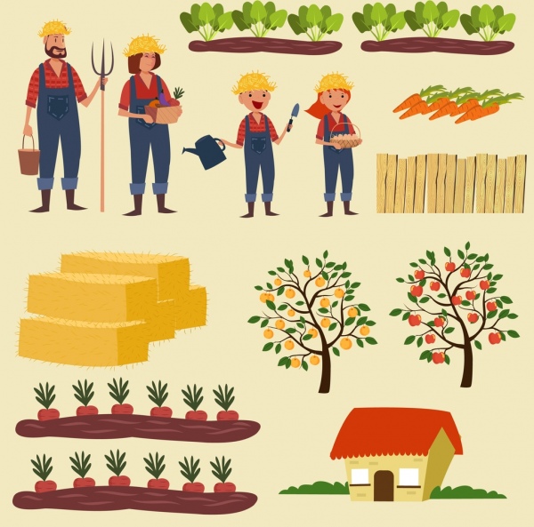 landwirtschaftlichen Arbeit Design-Elemente, die verschiedene farbige Symbole Isolierung