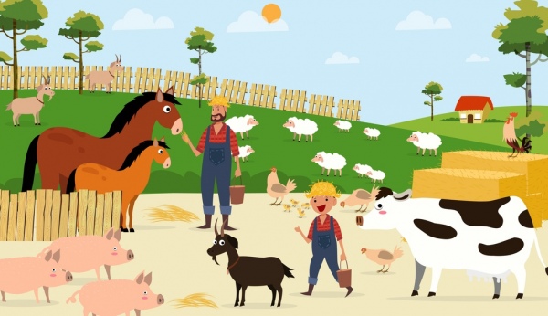 Bức tranh vẽ trang trí biểu tượng nông dân gia súc gia cầm.
