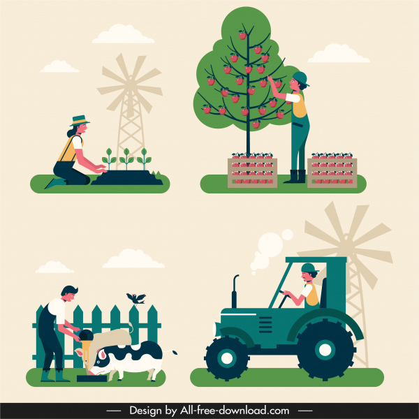 landwirtschaftlichen Arbeit Symbole klassische bunte Design Comic-Figuren