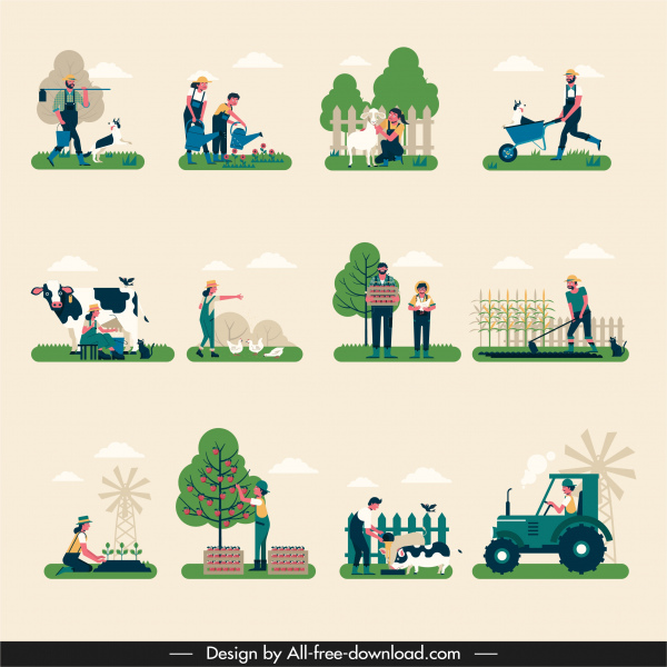 农业工作图标彩色卡通设计