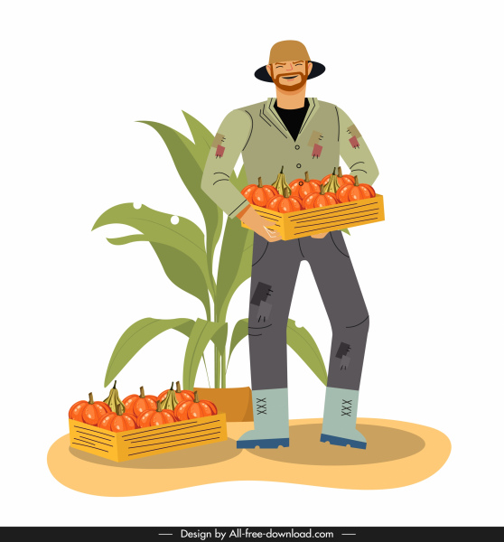 travail d'agriculture peignant l'esquisse de dessin animé de produits de citrouille d'agriculteur