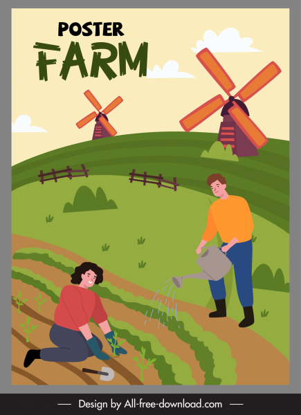 pekerjaan pertanian poster desain kartun sketsa tanaman pertanian