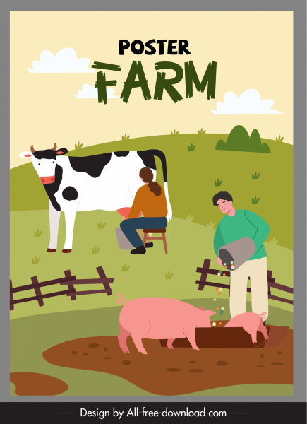 сельскохозяйственные работы плакат крупного рогатого скота фермеры эскиз мультфильм дизайн