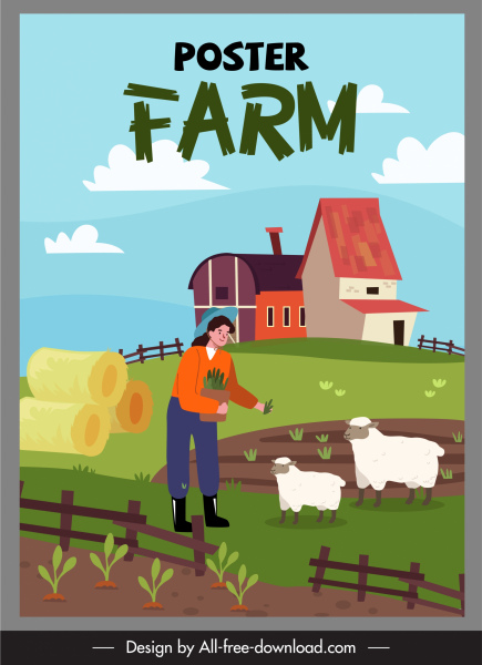 농업 작업 포스터 컬러 만화 스케치