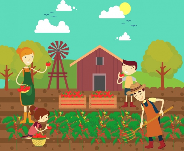 rolnictwo pracy temat rodziny czerwony pomidor ikony