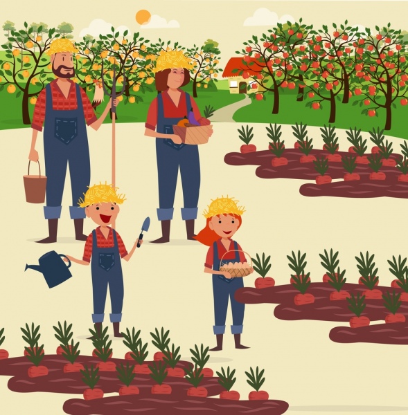 pertanian kerja tema pohon keluarga sayuran ikon dekorasi