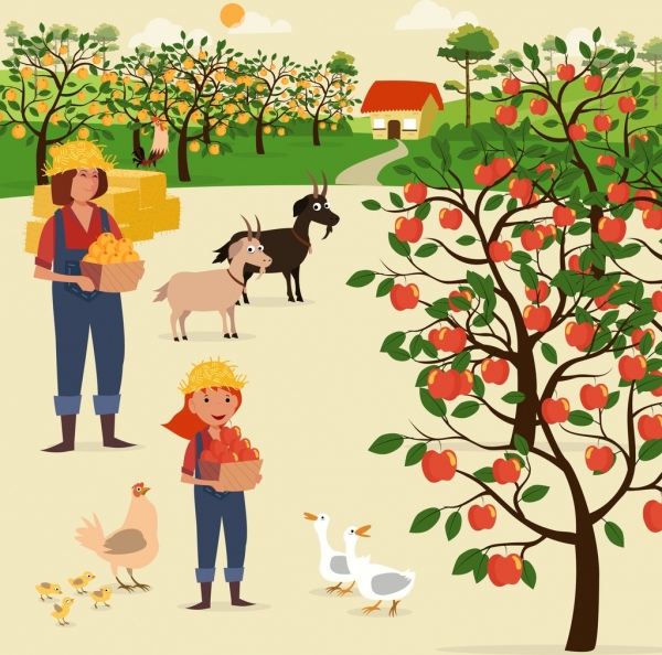 موضوع العمل المزرعي ماشية دواجن أشجار الفاكهة الرموز