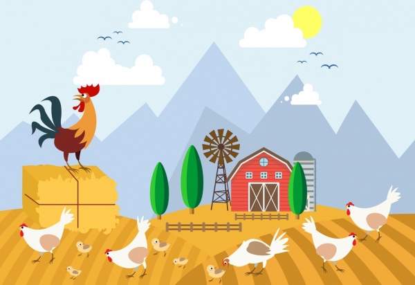lahan pertanian yang menggambar ayam ikon berwarna kartun desain