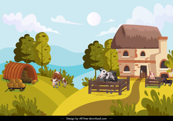 сельскохозяйственных угодий пейзаж картина красочный эскиз мультфильма
