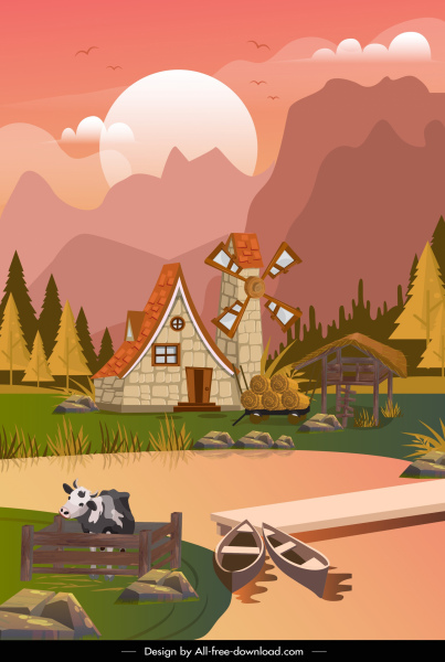 Farmland Szene Hintergrund bunte Cartoon-Dekor