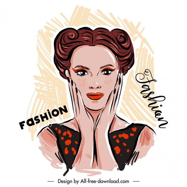 moda afiş şablonu kadın portre handdrawn tasarım