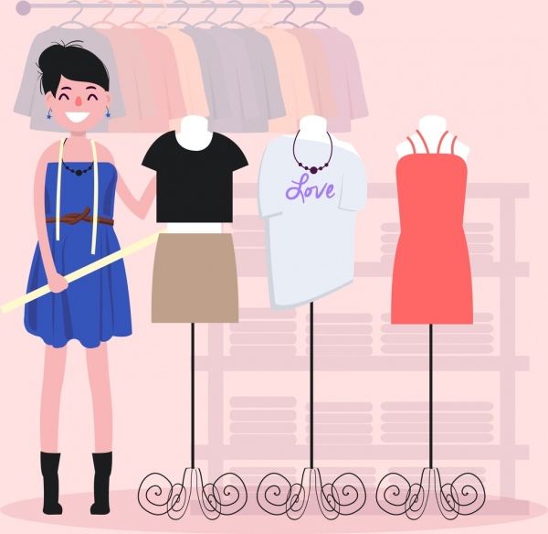 Modedesignerin Job Hintergrund weibliche Kleidung zeigen farbige cartoon