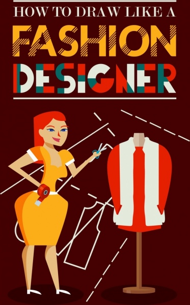 Mode-Designer Plakat Frau Symbole Texte Textildekoration