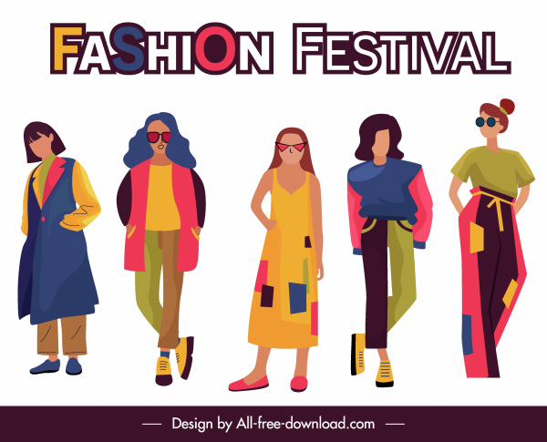 festival di moda banner femminile modelli schizzo personaggi dei cartoni animati