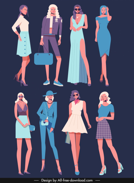 personajes de dibujos animados de moda modelos iconos elegantes trajes contemporáneos