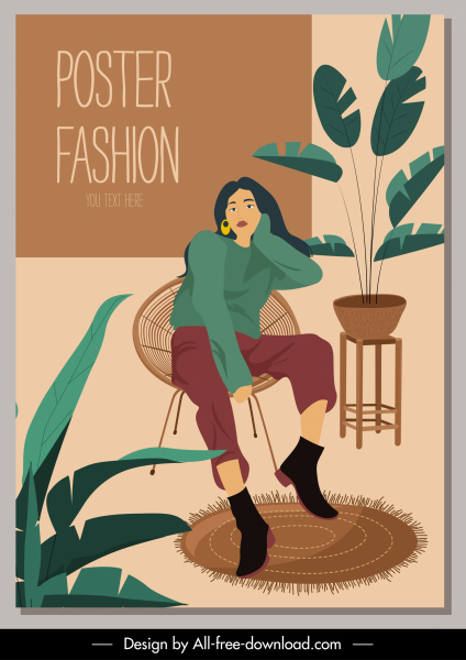 шаблон модный плакат расслабленной женщина эскиз мультипликационный персонаж