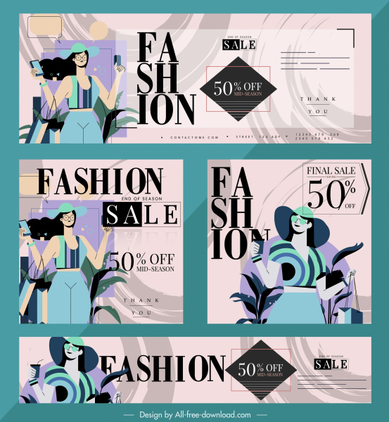 时尚销售横幅女性购物者素描五颜六色的经典