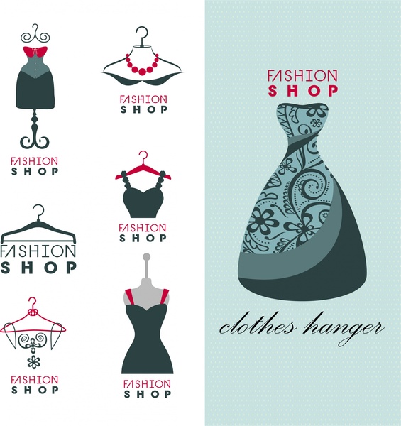 conjuntos de logotipo de loja de moda isolados com display de vestido