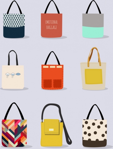 유행 가방 아이콘 모음 다양 한 다채로운 디자인